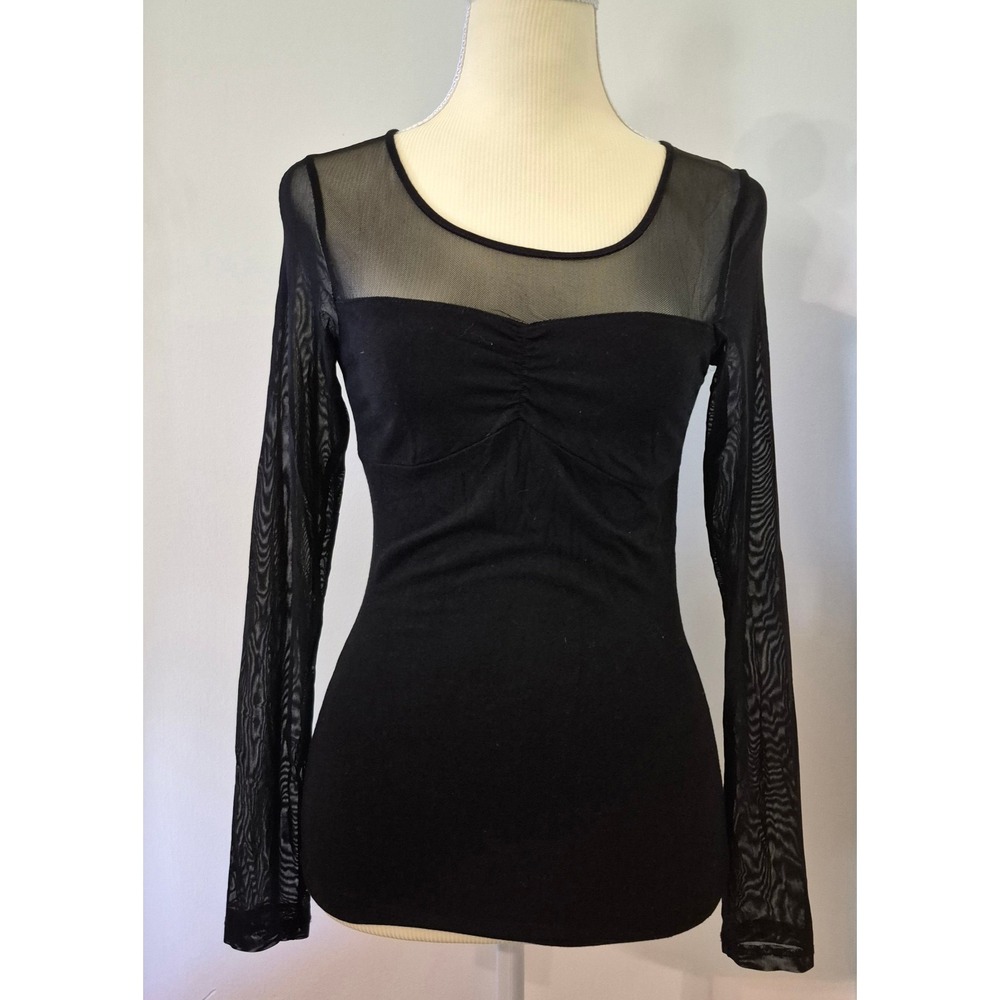 Women's S Black Mesh Long Sleeve Top Sheer Y2K Goth Cyber Subversive Basic Emo